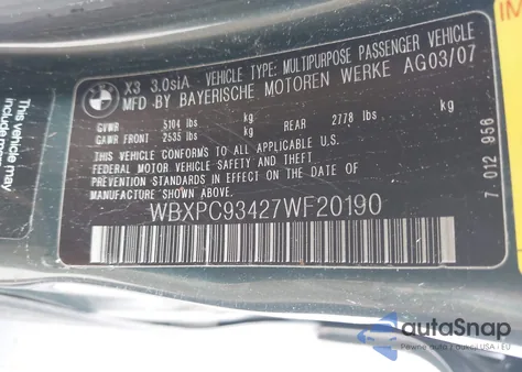 2007 BMW X3 3.0Si из США, поврежденный, VIN WBXPC93427WF20190